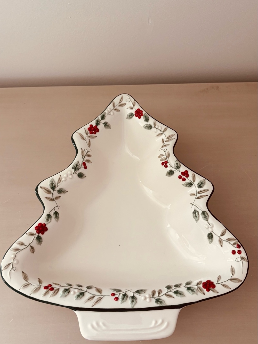 Pfaltzgraff White Ceramic Tree Serving Dish with Red and Green Berry Accent